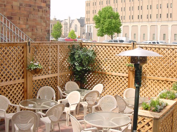 Restaurant seating in back patio space