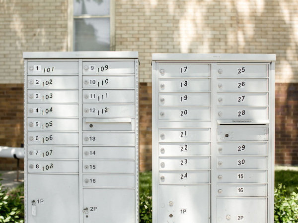 Mailboxes outside of Burrel and Colonial Apartments
